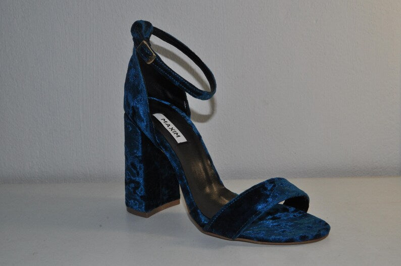 Blue Velvet Glam Sandals: Women’s Chunky Evening Heels
