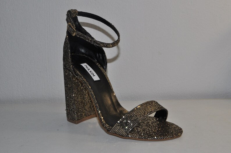 Glam Gold Chunky Heel Sandals: Women’s Evening Shoes