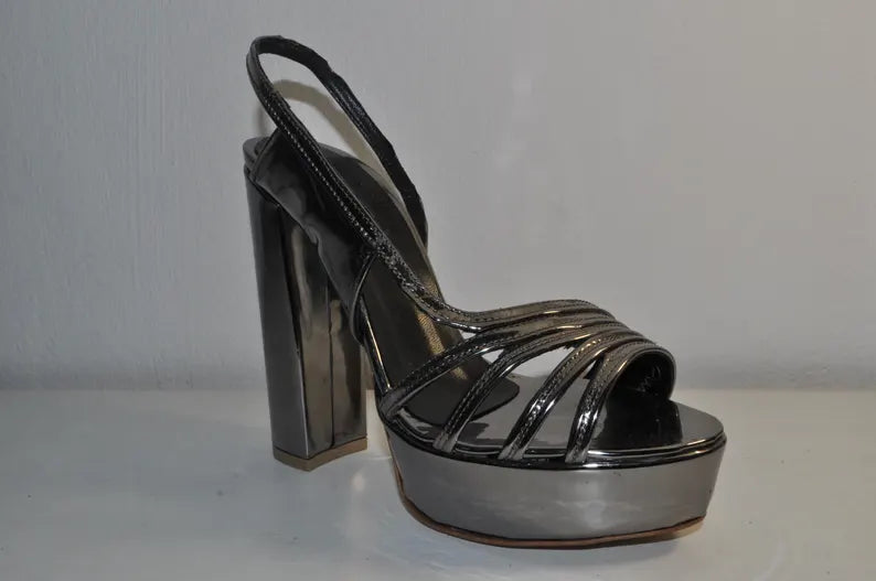 Luxury Mirror Leather Chunky Heels: Handmade Women’s Evening Sandals