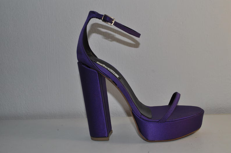 “Designer Women’s Purple Chunky High Heel Sandals – Sophisticated Evening Shoes”