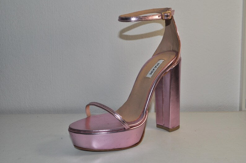 “Women’s Olivia Pink Leather Chunky Heel Platform Sandals – Chic Luxury Evening Heels”