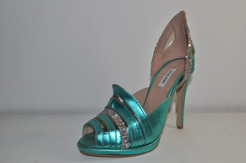 Teal Metallic Glitter High Heel Sandals – Chunky Heel, Open Toe Evening Shoes