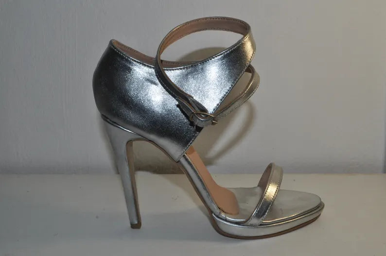 “Women’s Handmade Silver High Heel Sandals – Chic Luxury Evening Heels”