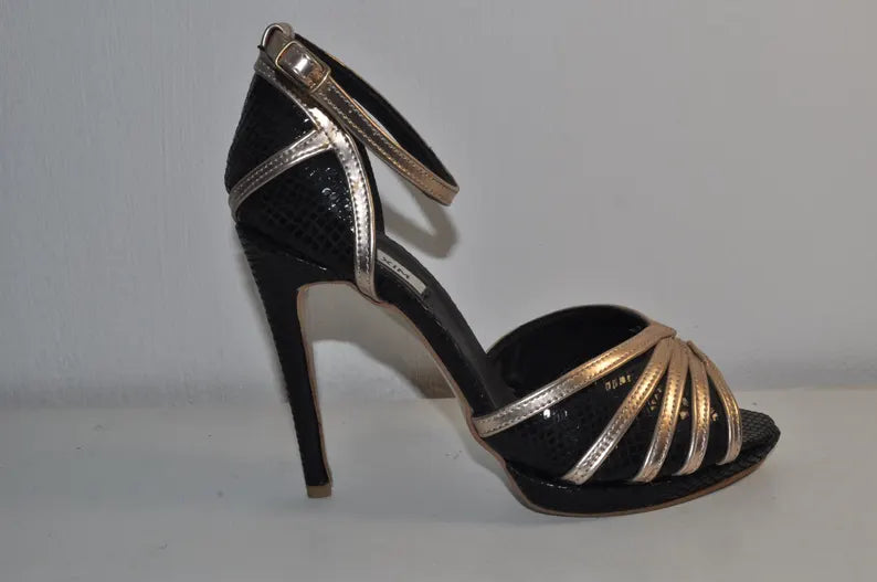 “Luxury Women’s Handmade Black & Gold Leather High Heel Sandals – Elegant Evening Heels”