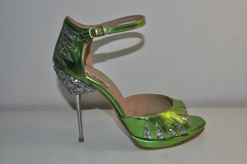 “Designer Women’s Green Metallic Leather High Heel Sandals – Chunky Metallic Heel Evening Heels”