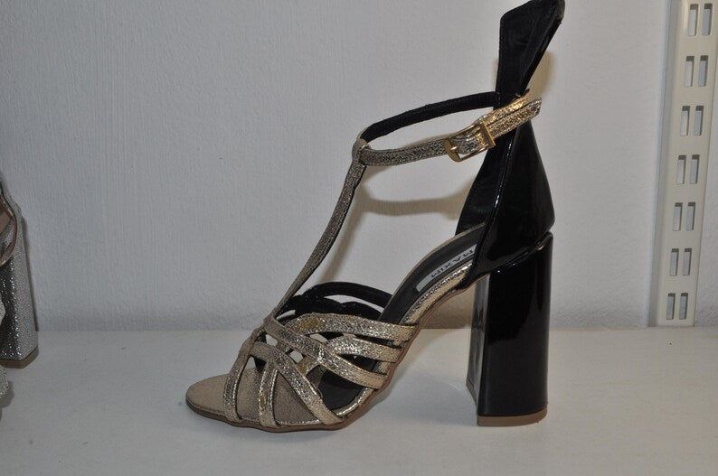 “Women’s Black Patent Leather Chunky Heel Sandals – Gold Detail Luxury Evening Shoes”