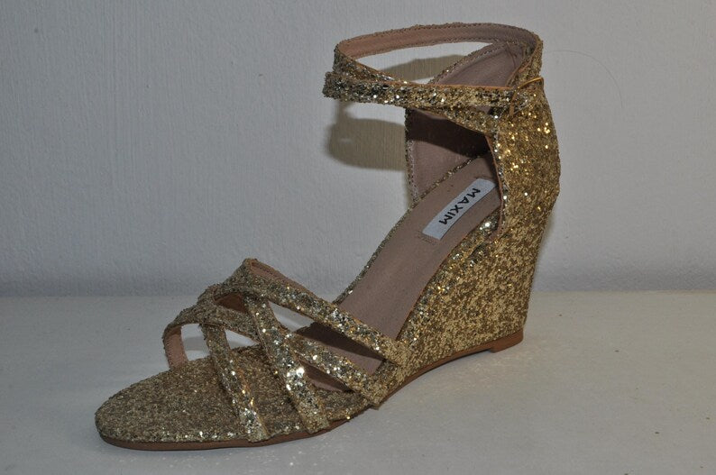 Handmade Gold Glitter Chunky Heels – Bridal Wedding Sandals
