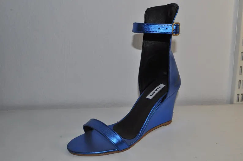 Blue Wedge Heel Sandals: Handmade Leather Evening Shoes