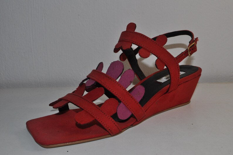 “Women’s Handmade Leather Red Floral Glitter Chunky Heel Sandals – Glamorous Evening Shoes”