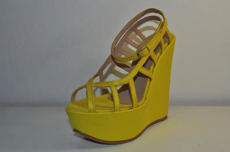 Handmade Yellow Leather Wedge Sandals – Elegant Evening Heels