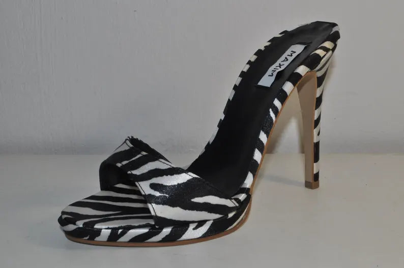 “Designer Women’s Zebra Print Chunky Heel Sandals – Stylish Handmade Evening Heels”