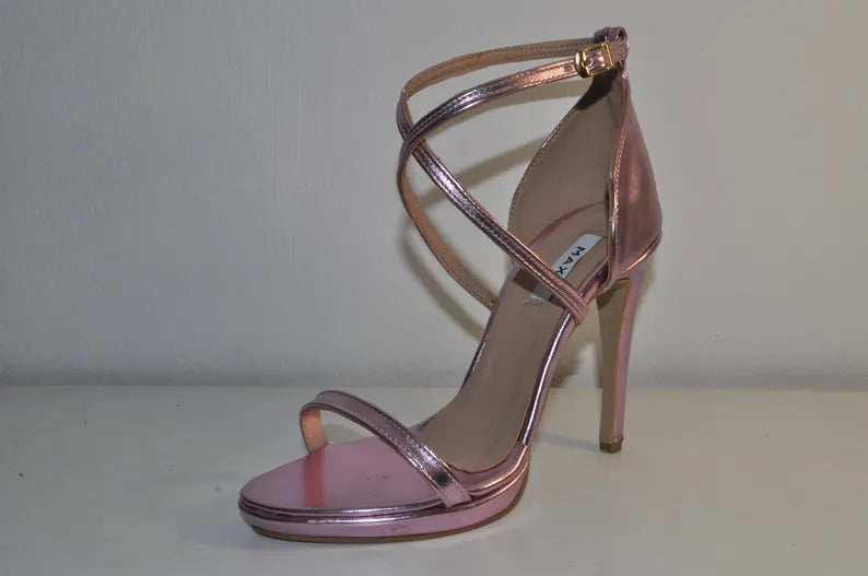“Luxury Women’s Pink Handmade Leather High Heel Sandals – Elegant Evening Heels”