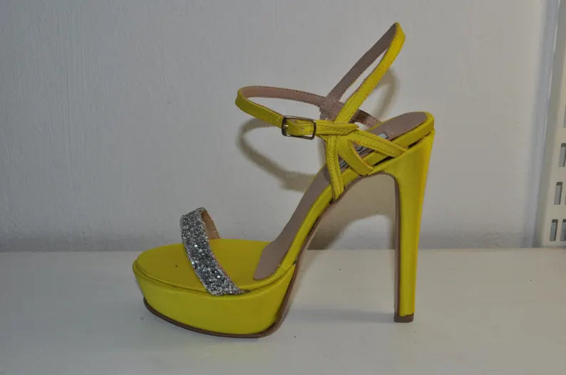Chic Yellow Satin Handmade Heels: Silver Glitter Statement Sandals