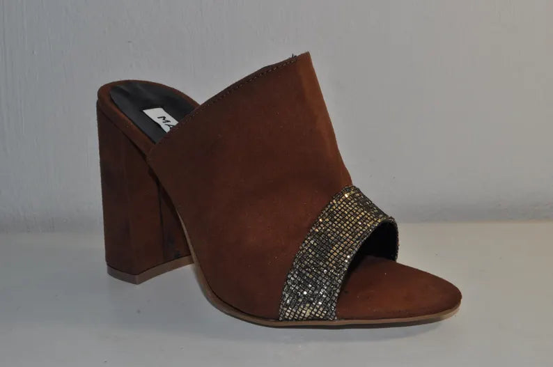 Luxury Brown Mules: Women’s Chunky Heel Evening Shoes