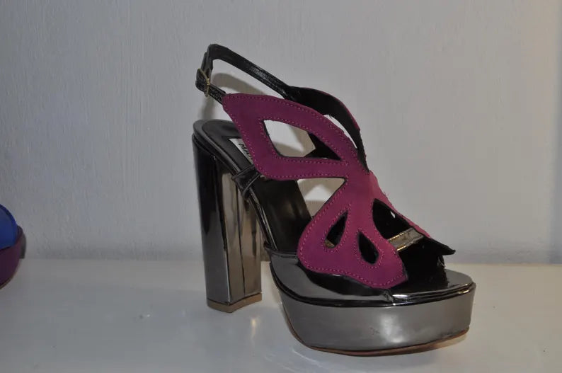 Big Butterfly Magenta Sandals: Mirror Leather Chunky Platform Heels