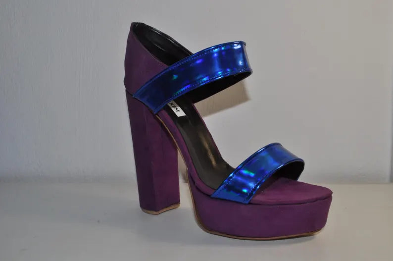 Purple Chunky Heel Sandals with Blue Straps: Women’s Fashion Heels