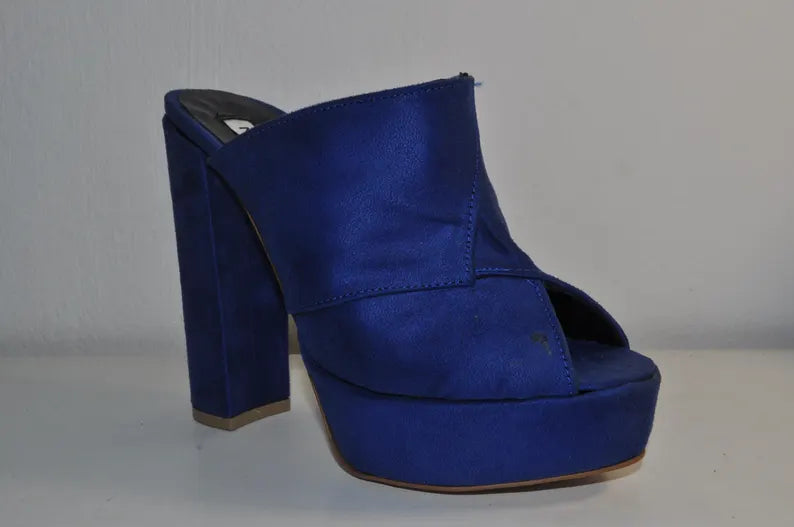 Blue Chunky Heel Mules: Handmade Fashion Heels