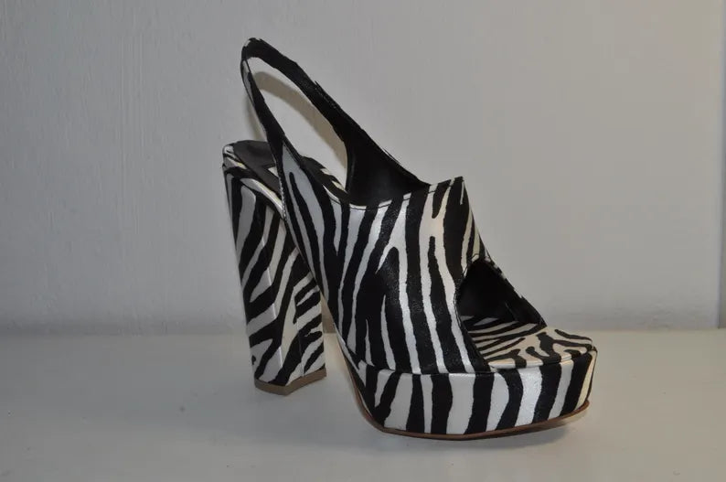 “Designer Women’s Zebra Print Chunky Heel Sandals – Handmade Leather Shoes”