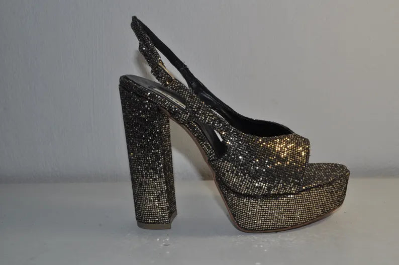 “Designer Women’s Olivia Gold Chunky High Heel Sandals – Elegant Evening Shoes”