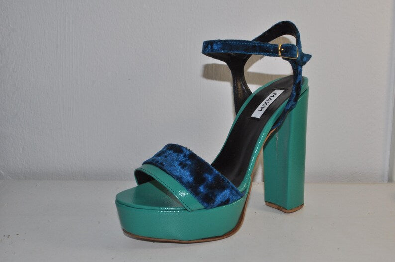 “Women’s Olivia Teal Chunky Heel Platform Sandals – Chic Velvet-Strap Evening Heels”