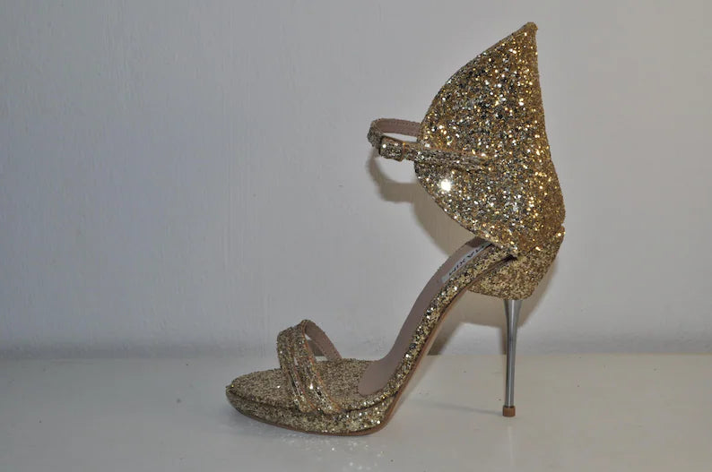 Gold Glitter Handmade Stiletto Heels: Luxury Evening Shoes