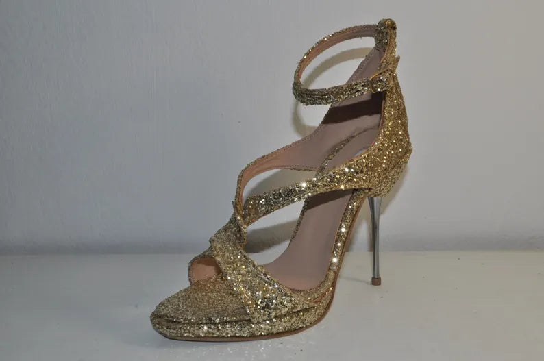 Bridal Gold Glitter Stilettos – Handmade Wedding Evening Heels
