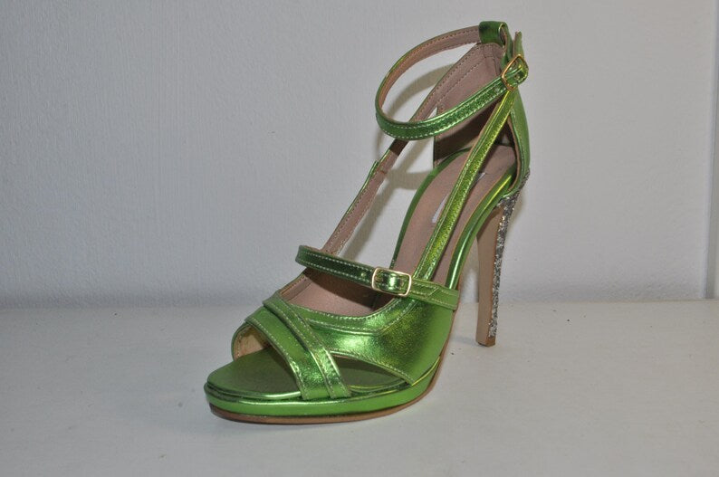 Handcrafted Green High Heel Sandals – Metallic Glitter Evening Shoes