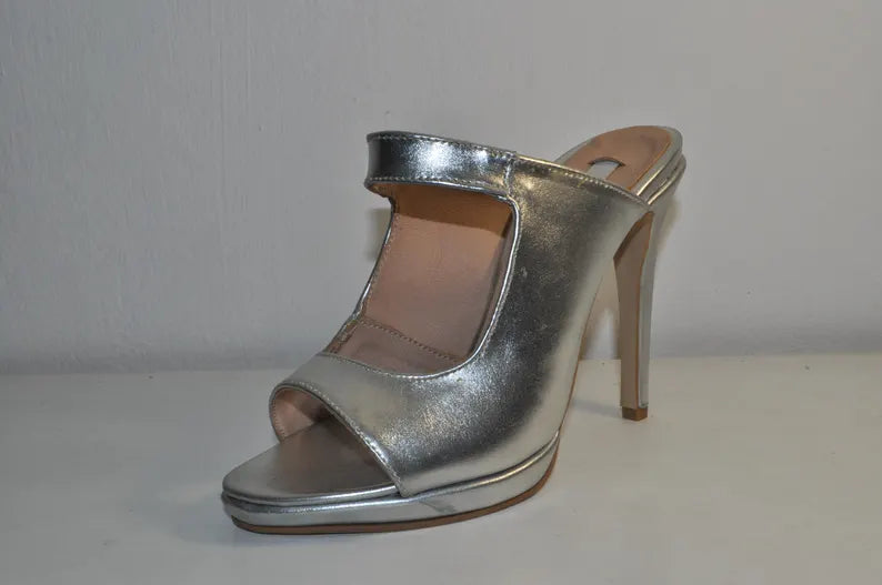 “Women’s Silver High Heel Mule Sandals – Chic Luxury Evening Heels”