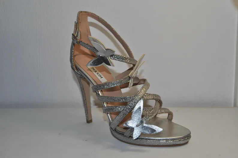 “Designer Women’s Silver Glitter High Heel Sandals – Handmade Glamour Evening Heels”