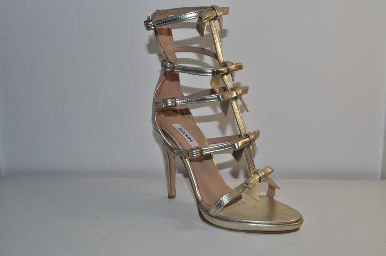 “Designer Women’s Gold High Heel Strappy Sandals with Small Bows – Sophisticated Evening Shoes”