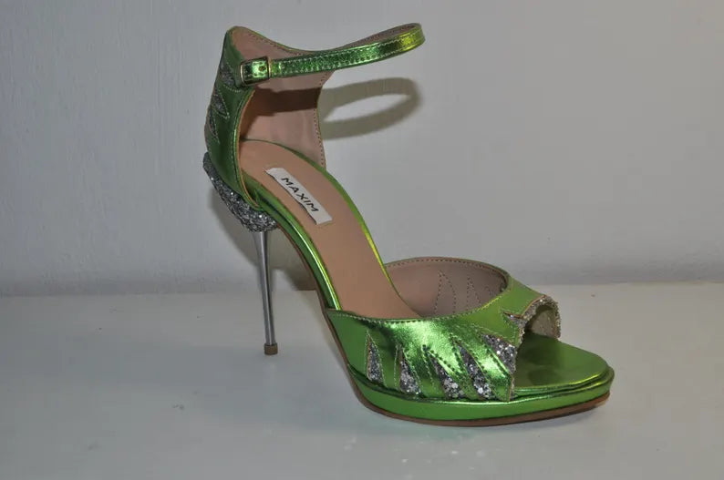 “Designer Women’s Green Metallic Leather High Heel Sandals – Chunky Metallic Heel Evening Heels”