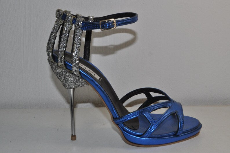 “Women’s Blue High Heel Sandals – Elegant Handmade Evening Glamour Shoes”