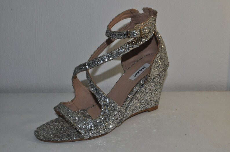 Bridal Silver Glitter Wedge Sandals – Handmade Wedding Heels