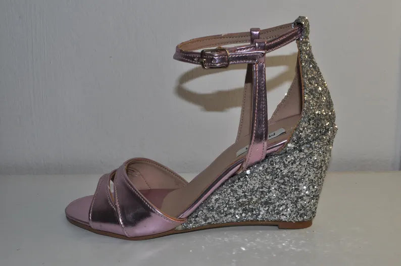 Bridal Handmade Leather Wedge Sandals – Glitter High Heels