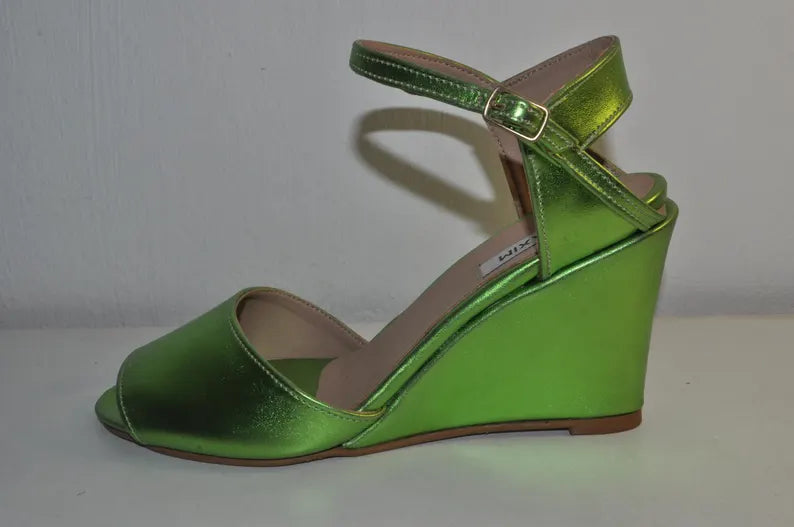 Metallic Green Wedge Sandals – Elegant Evening Heels for Women
