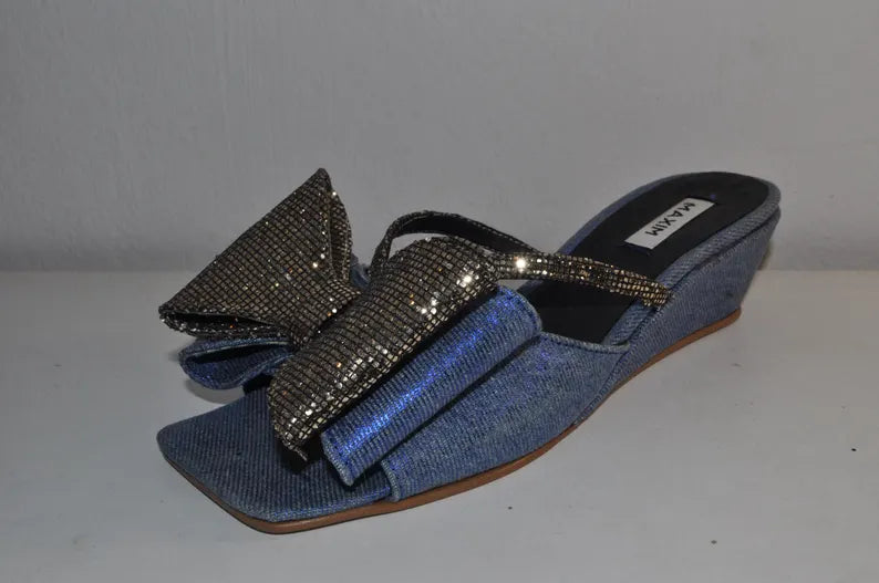 “Luxury Women’s Denim Chunky Heel Sandals – Trendy Evening Shoes”