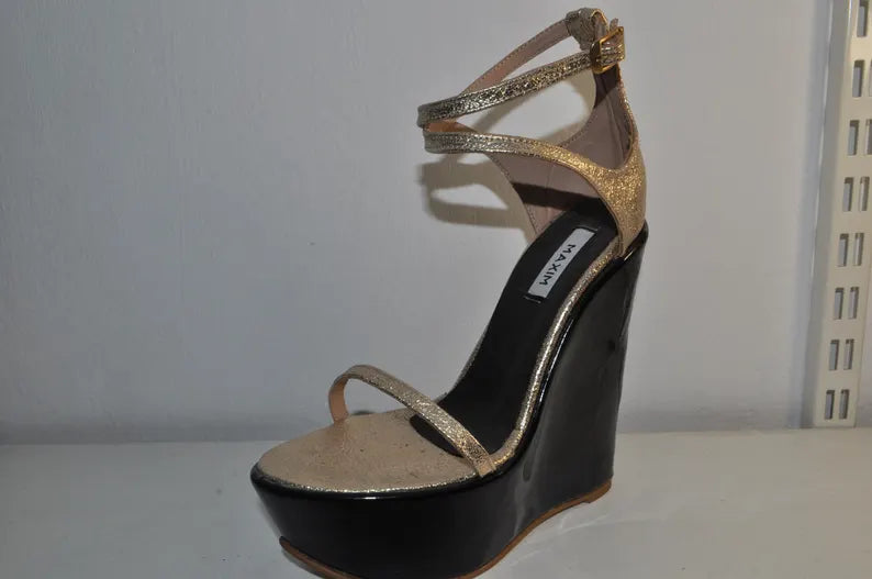 “Women’s Gold Platform Wedge Sandals – Elegant Handmade Evening Shoes”