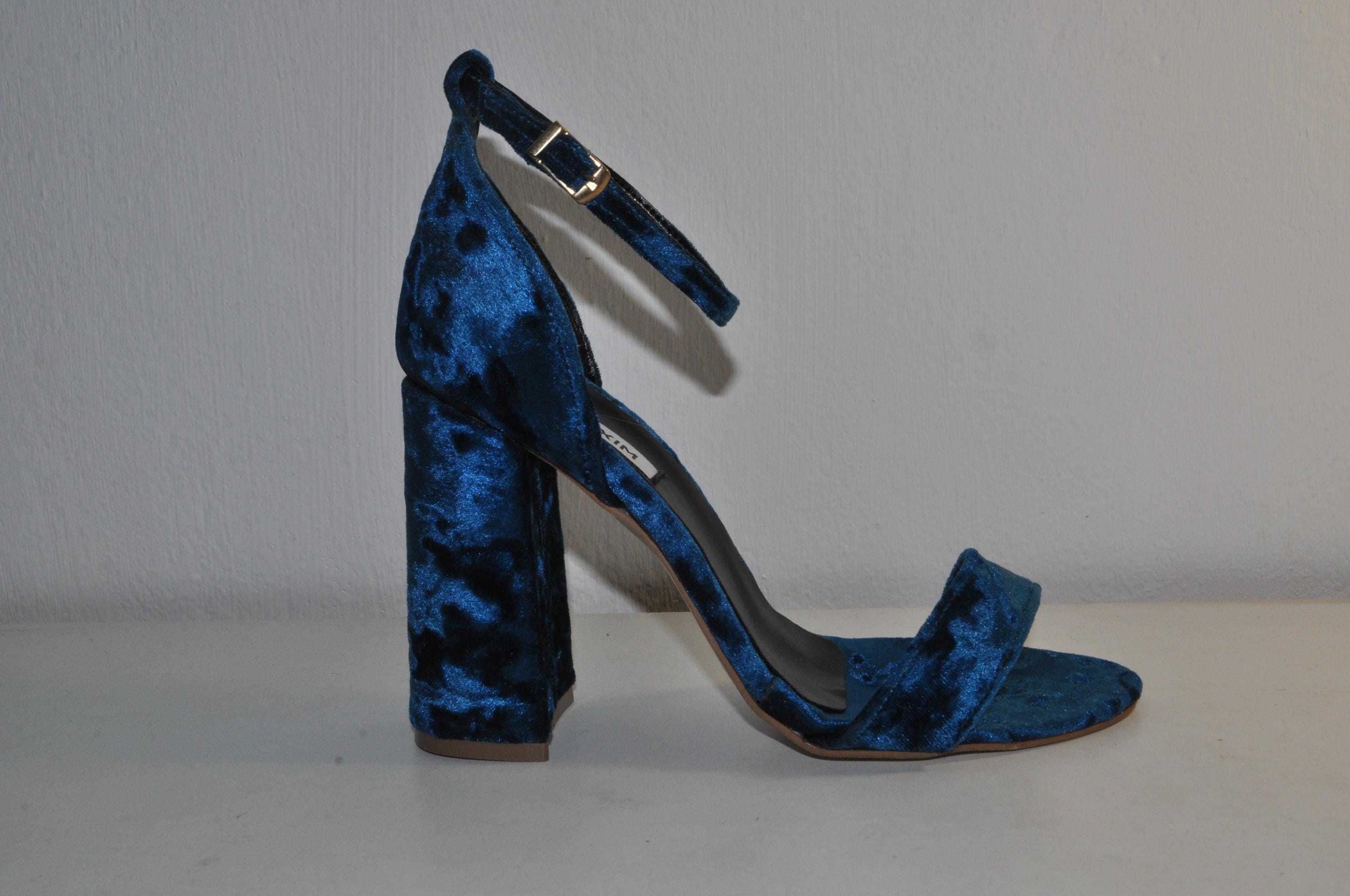 Blue Velvet Glam Sandals: Women’s Chunky Evening Heels