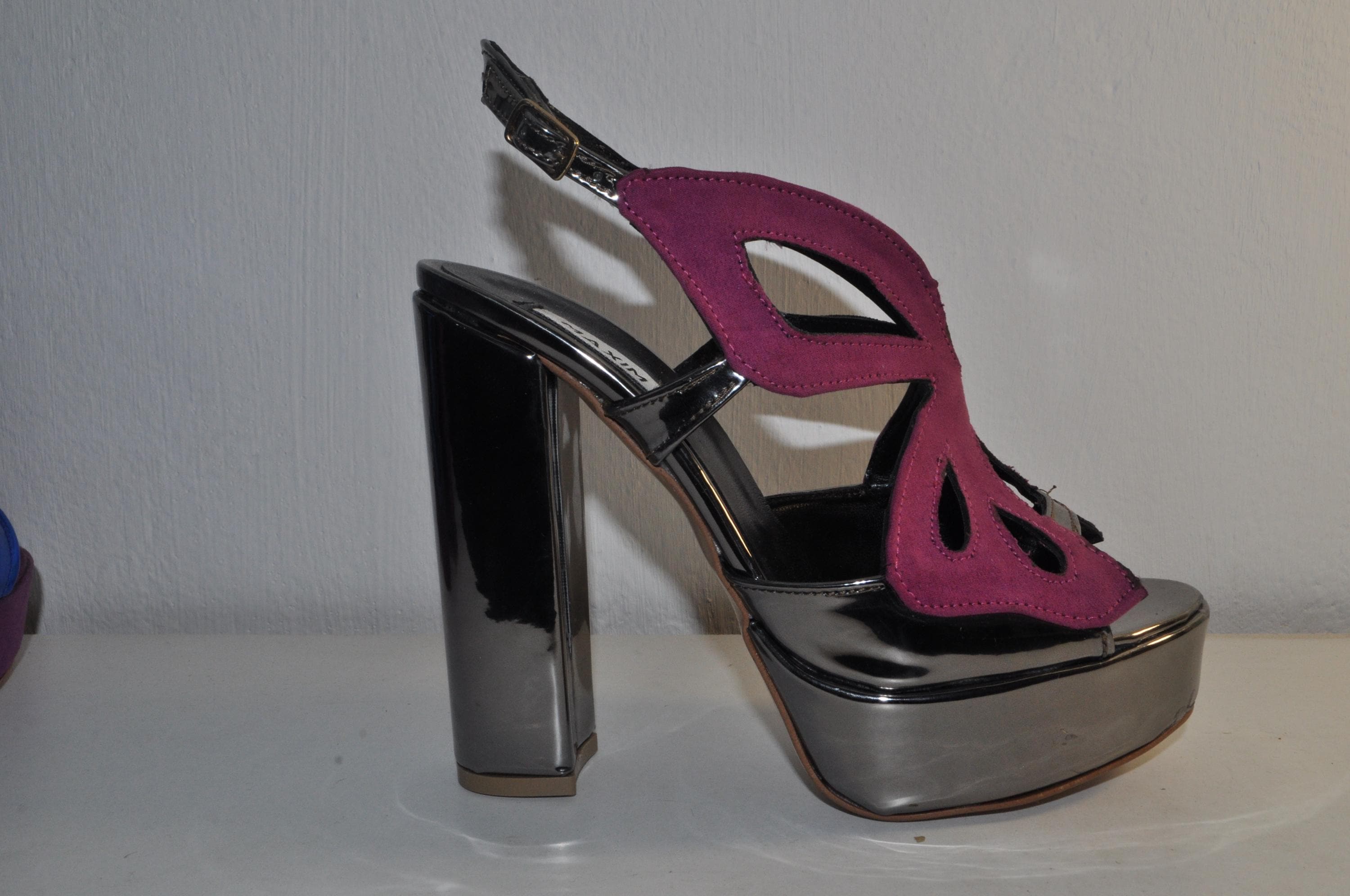 Big Butterfly Magenta Sandals: Mirror Leather Chunky Platform Heels