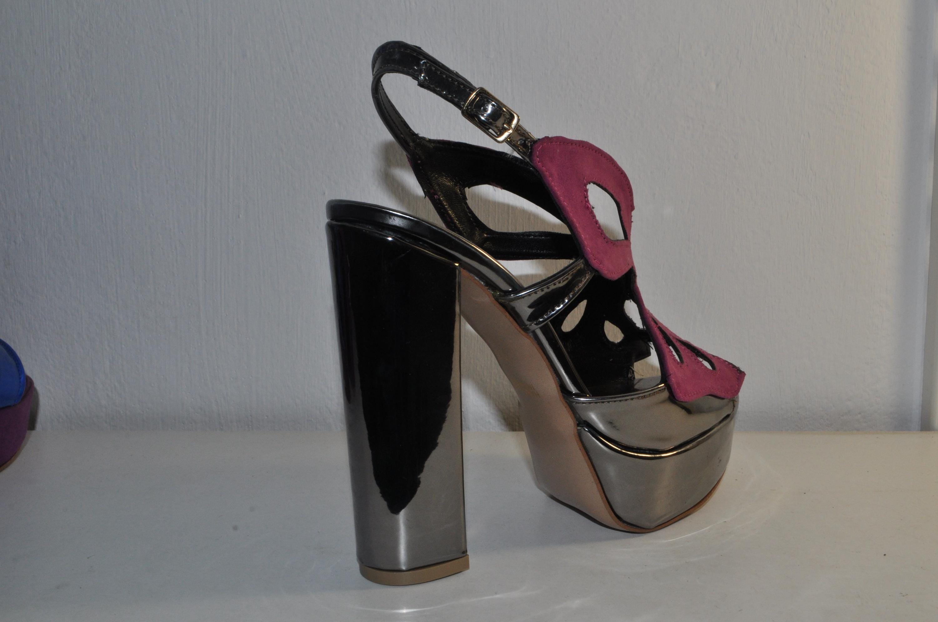 Big Butterfly Magenta Sandals: Mirror Leather Chunky Platform Heels