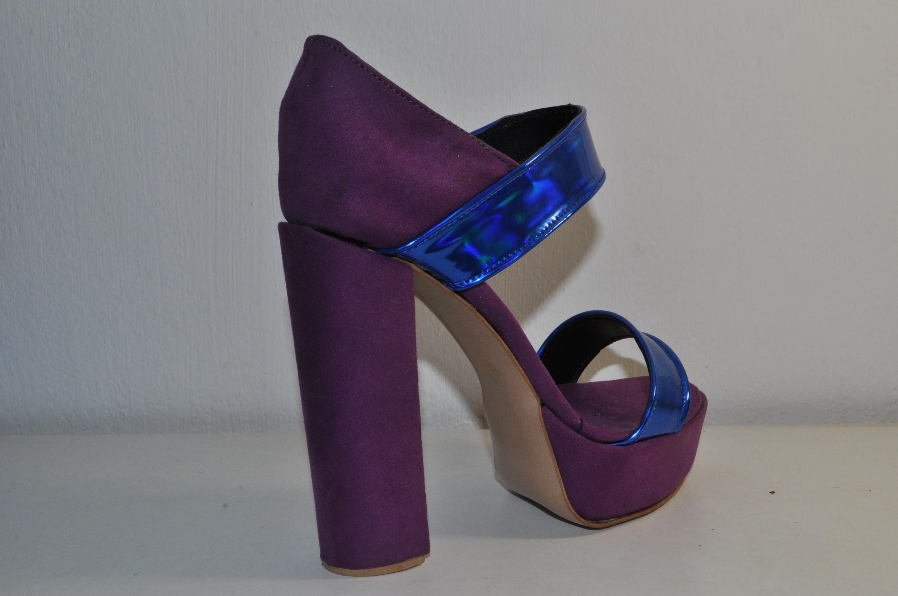 Purple Chunky Heel Sandals with Blue Straps: Women’s Fashion Heels