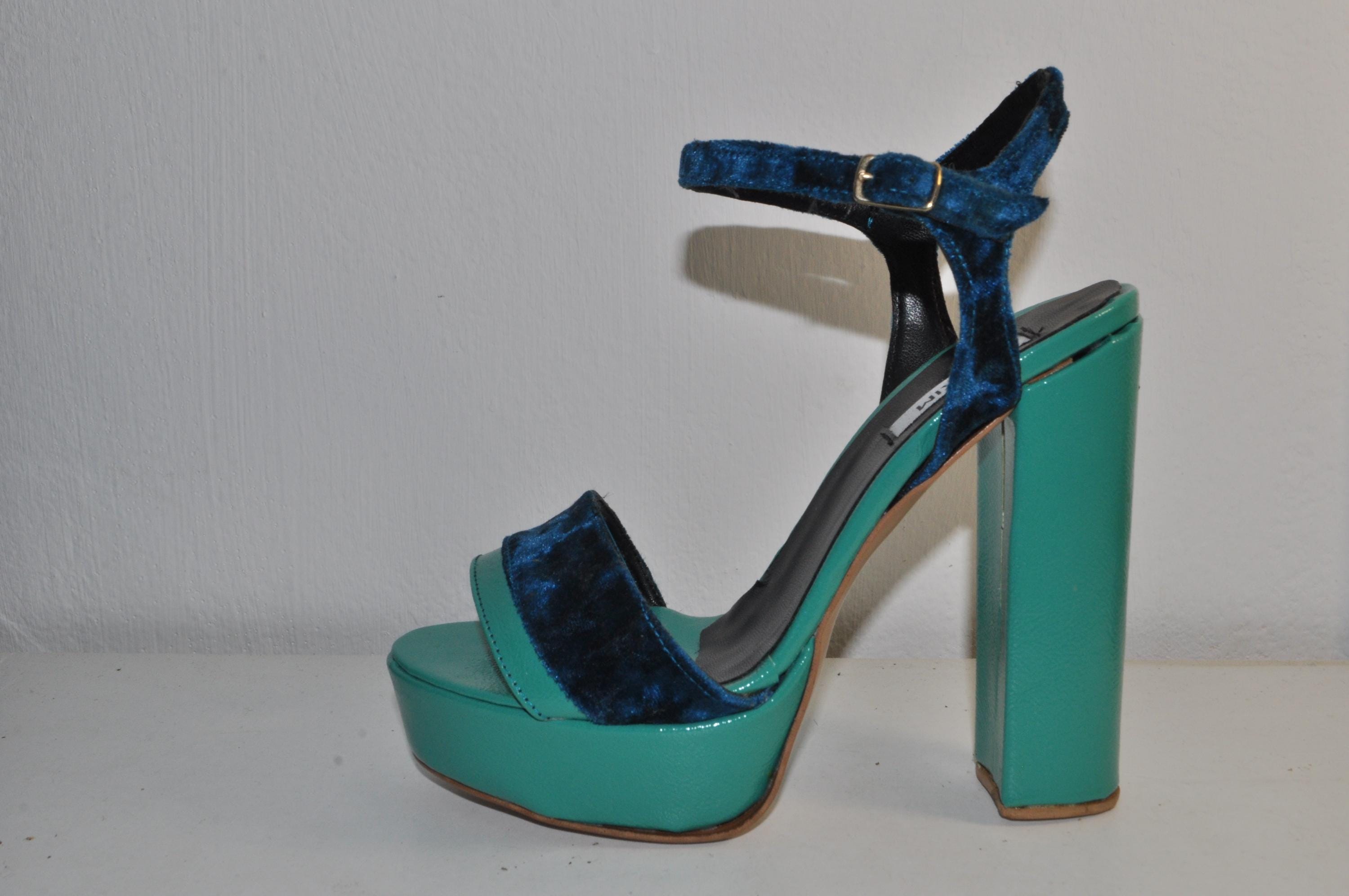 “Women’s Olivia Teal Chunky Heel Platform Sandals – Chic Velvet-Strap Evening Heels”