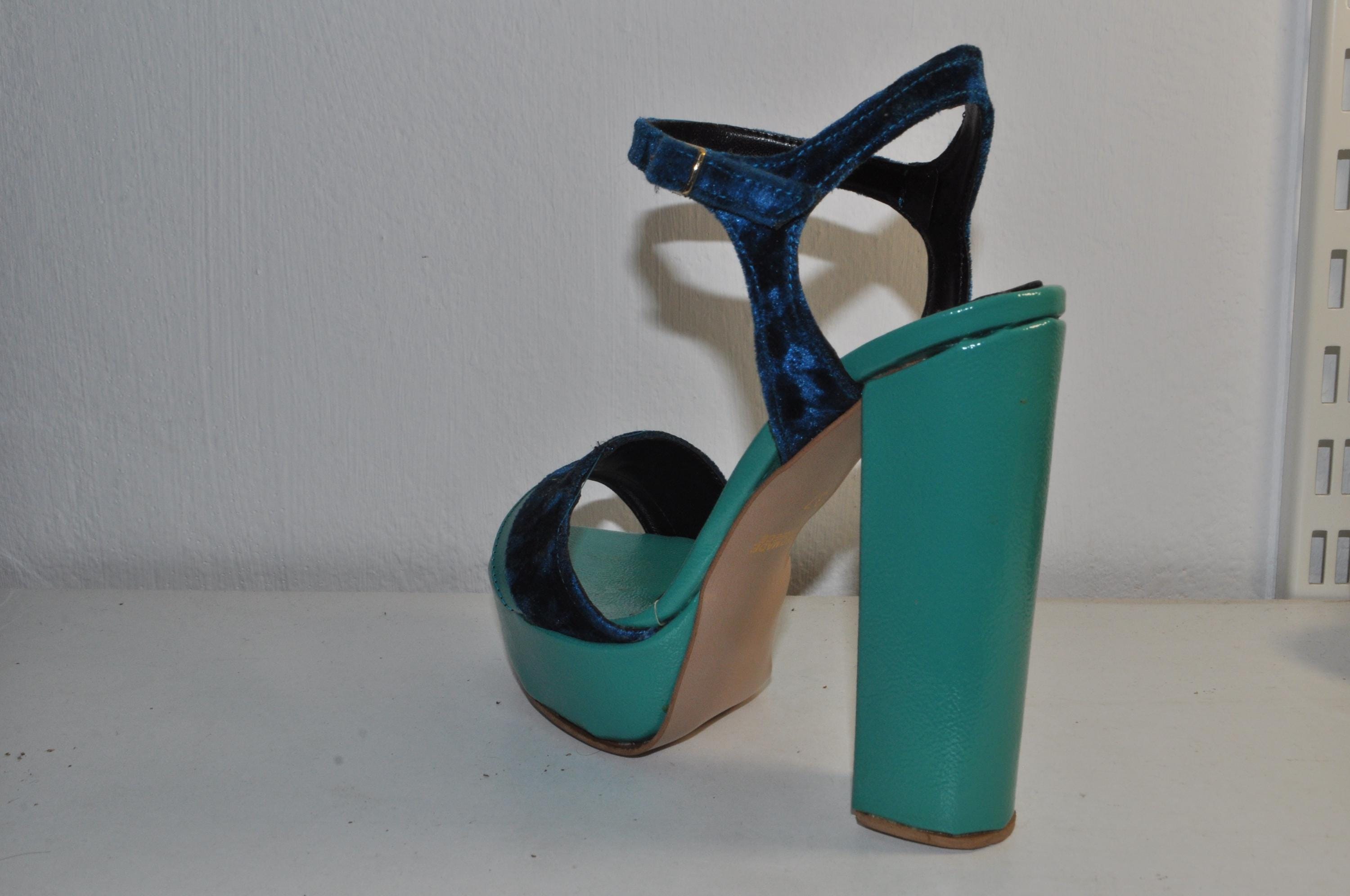 “Women’s Olivia Teal Chunky Heel Platform Sandals – Chic Velvet-Strap Evening Heels”
