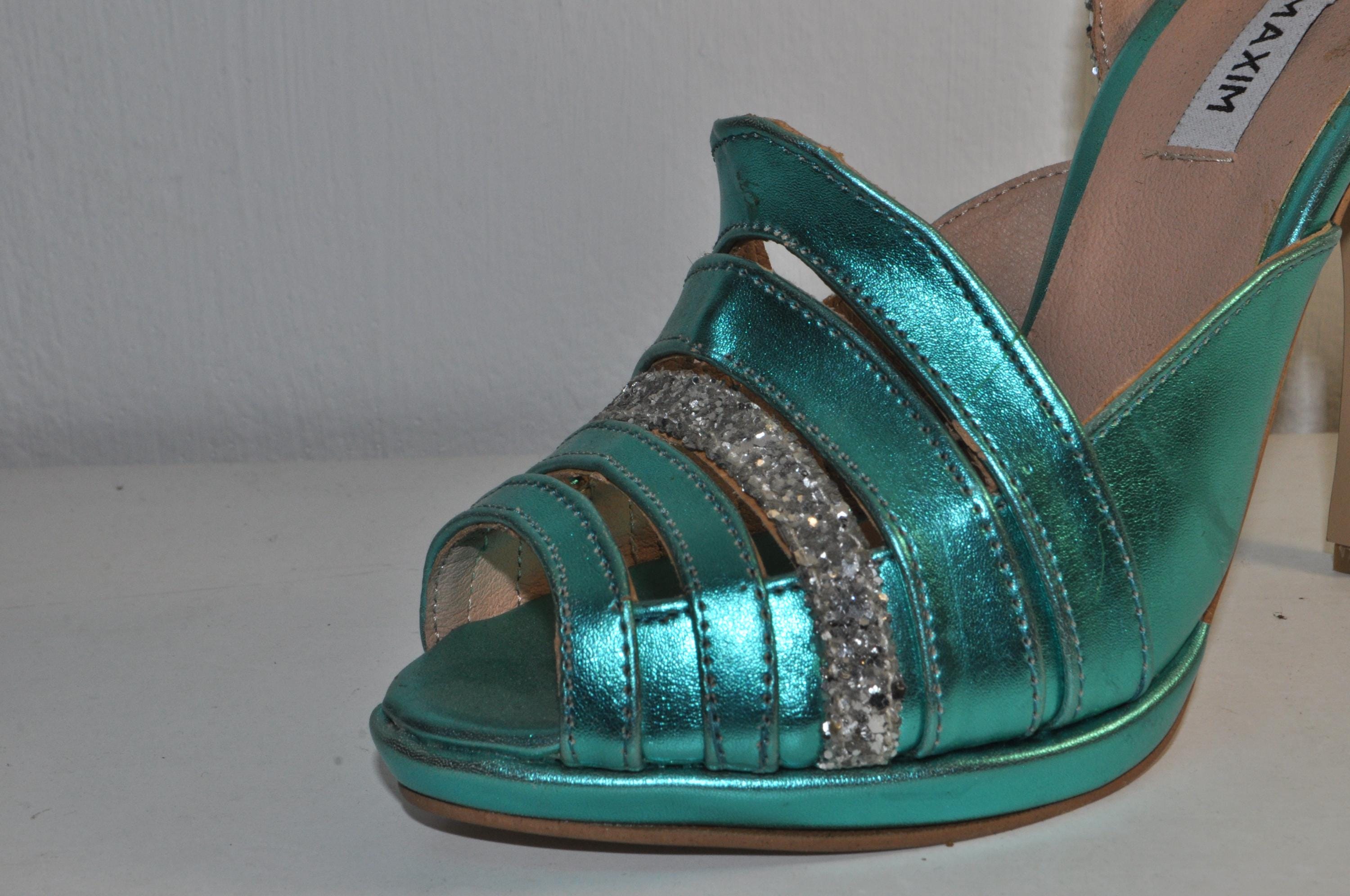 Teal Metallic Glitter High Heel Sandals – Chunky Heel, Open Toe Evening Shoes