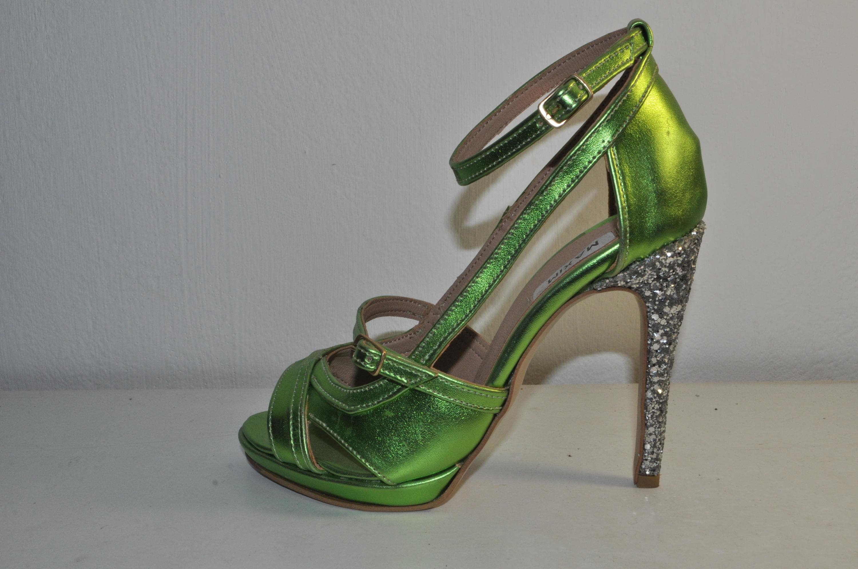 Handcrafted Green High Heel Sandals – Metallic Glitter Evening Shoes