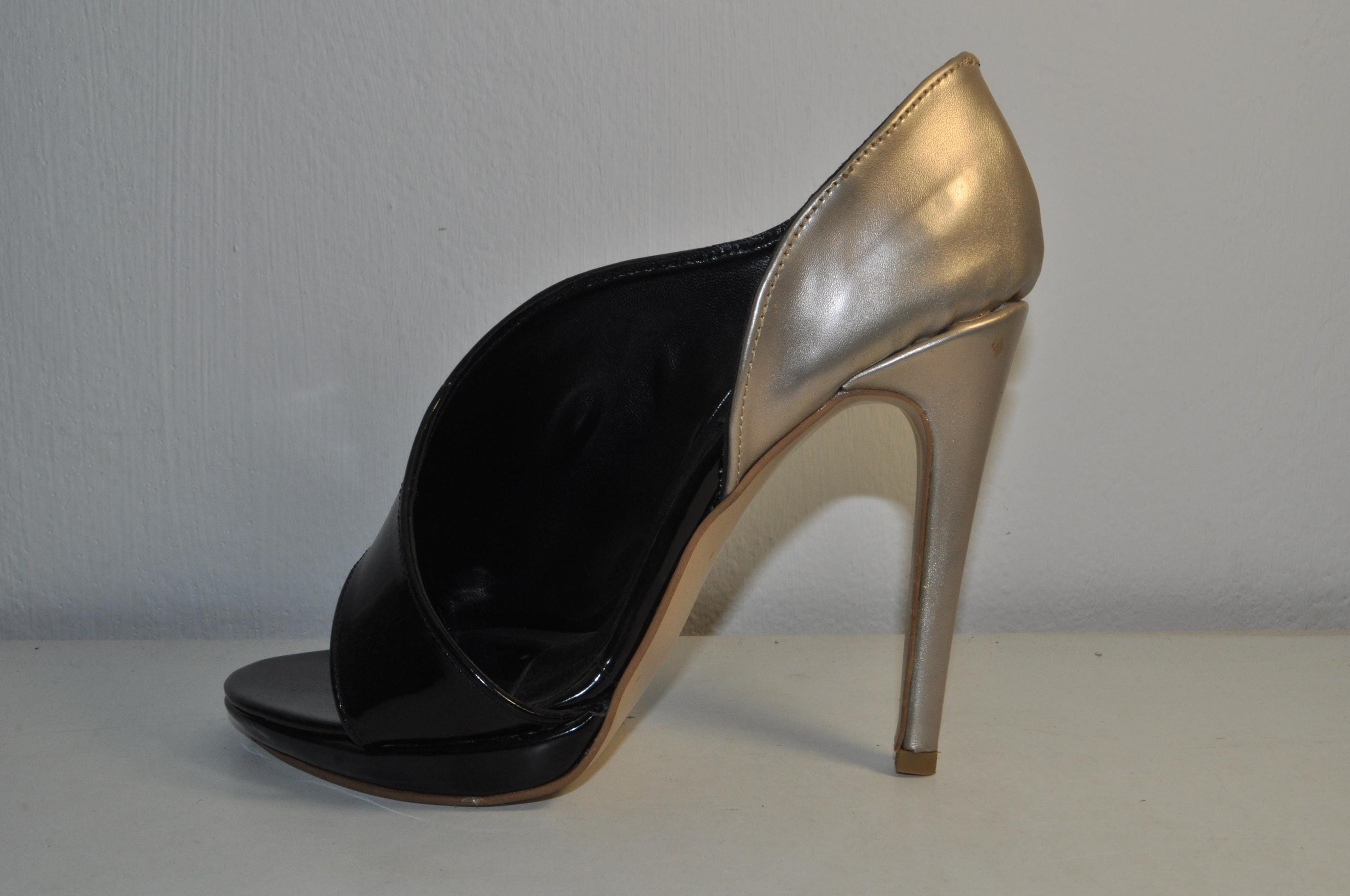 “Women’s Black Patent Leather High Heel Sandals – Silver Detail Luxury Evening Shoes”