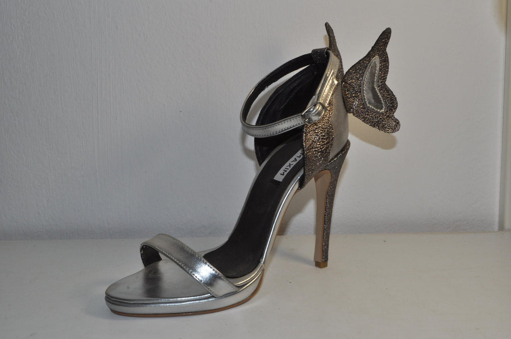 “Women’s Silver Butterfly High Heel Sandals – Elegant Handmade Evening Shoes”