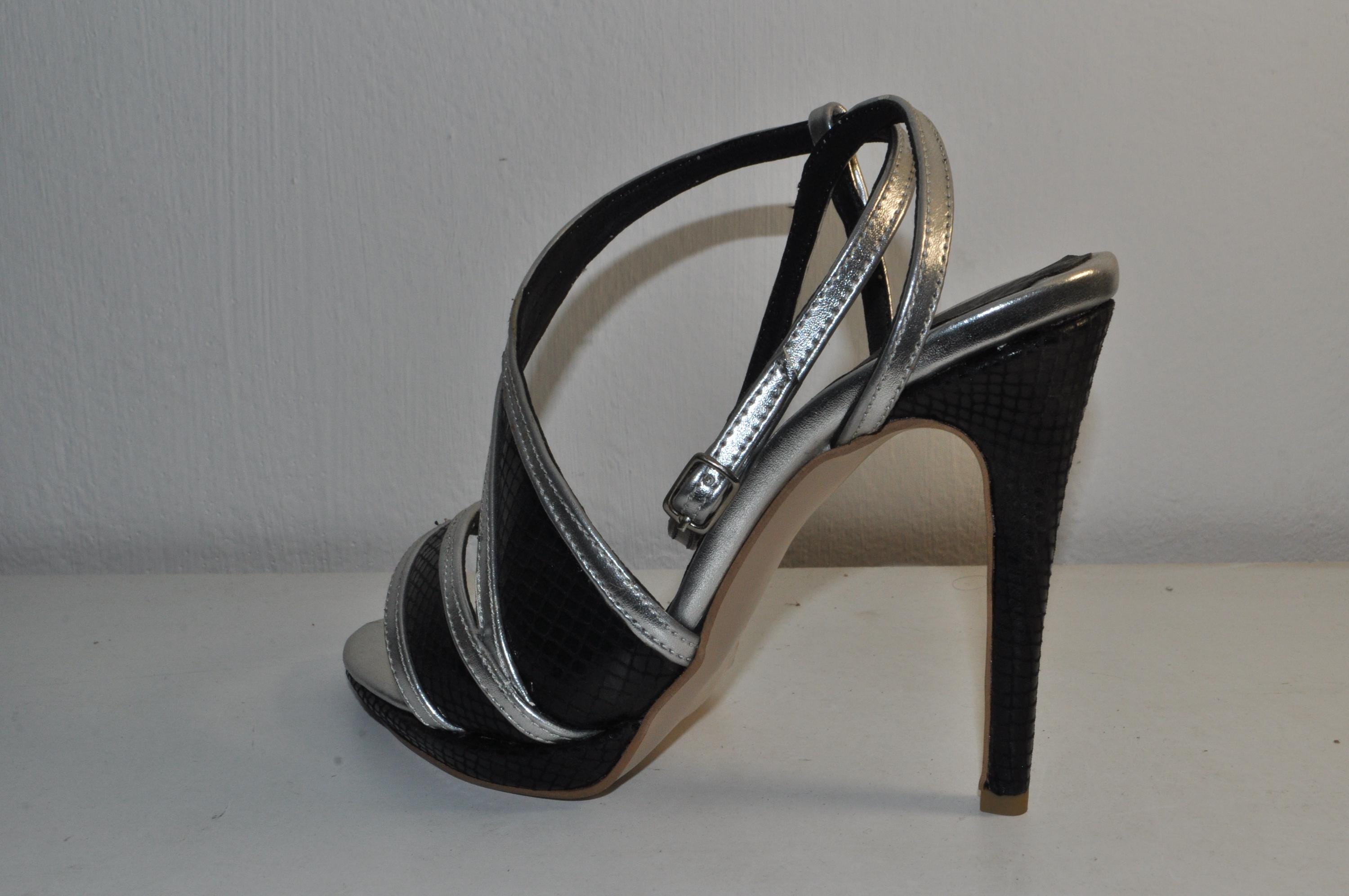 Black & Silver Strappy High Heel Sandals: Women’s Evening Shoes