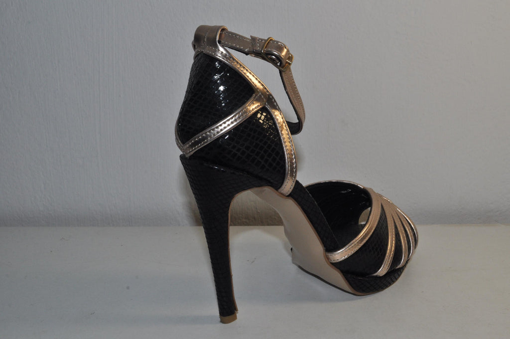 “Luxury Women’s Handmade Black & Gold Leather High Heel Sandals – Elegant Evening Heels”