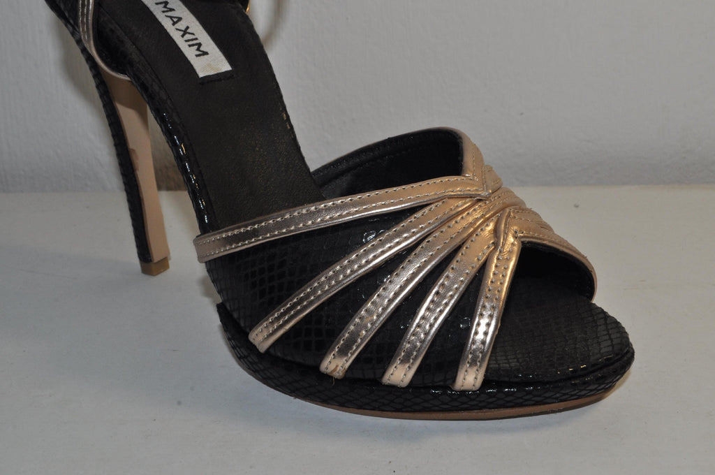 “Luxury Women’s Handmade Black & Gold Leather High Heel Sandals – Elegant Evening Heels”